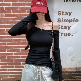 🚚พร้อมส่งจากกทม เสื้อยืดแขนยาวสีทึบแฟชั่นสตรีเซ็กซี่ปิดไหล่ เสื้อครอปทรงเข้ารูป เสื้อยืดปาดไหล่ สาวอวบก็ใส่ได้ #F036