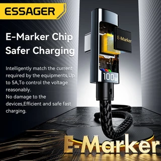 Essager สายเคเบิล Type C to Type C 100W กระแสไฟ 5A จอแสดงผลดิจิทัลสำหรับถ่ายโอนข้อมูล USB2.0 สายเคเบิลแบบงอ Type-C