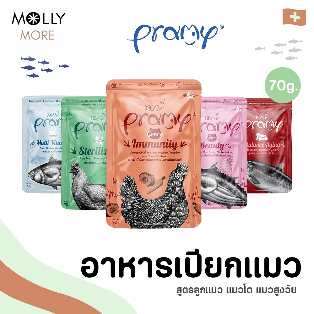 MOLLY✨ Pramy พรามี่ อาหารเปียกแมว Pouch ครบสูตร สูตรลูกแมว แมวโต แมวสูงวัย Human Grade ไม่เติมเกลือ 70g.