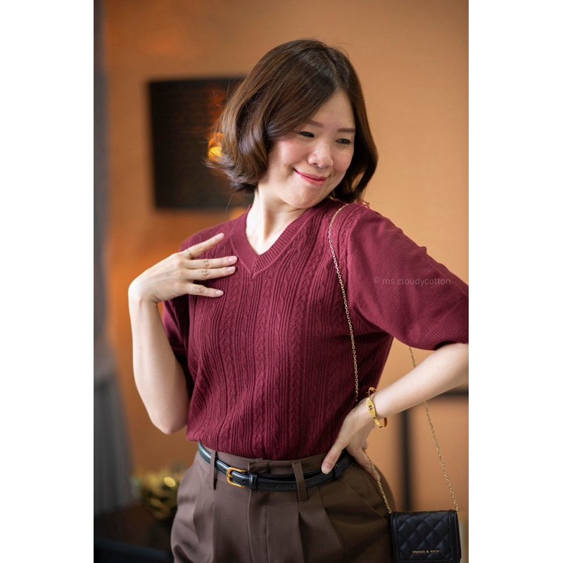 ms.cloudycotton - Jamie Top เสื้อไหมพรม คอวี แขนสั้น ทอลายเปีย ผ้านุ่ม ยืดเยอะ
