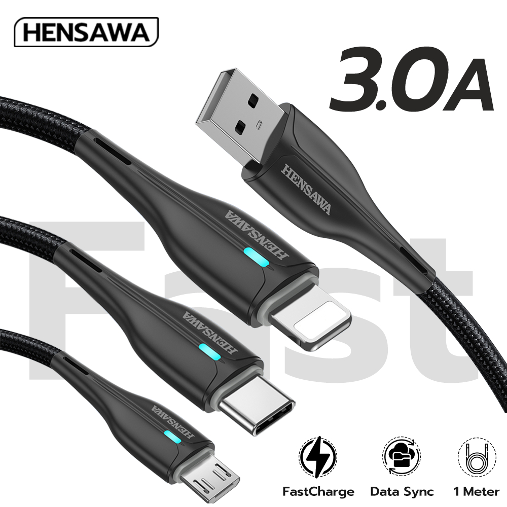 Hensawa สายชาร์จเร็ว 3A USB to Micro Type-c 1m หนาพิเศษ รุ่น US3098 สายPVC สีดำ 