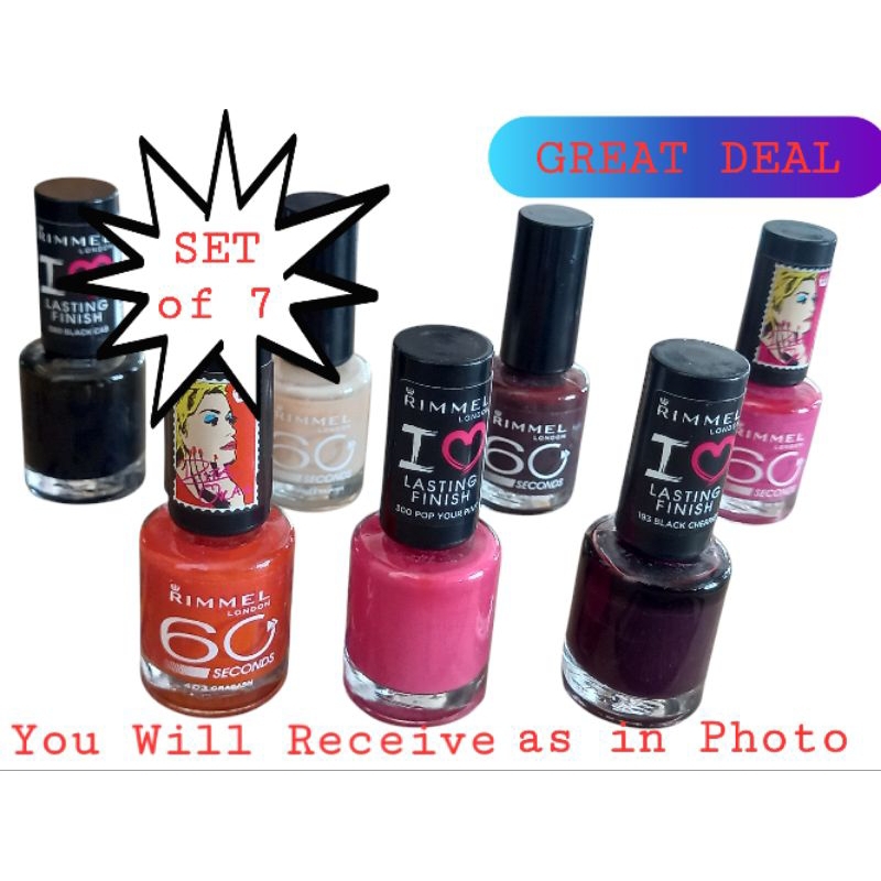 LOT BUNDLE set of 7 RIMMEL LONDON ( 60 Seconds & Lasting Finish NAIL POLISH COLOR LACQUER ( 8ml ) Qu