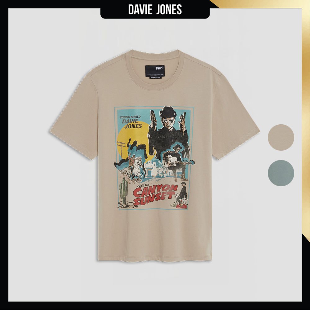 DAVIE JONES เสื้อยืด พิมพ์ลาย Graphic Oversized Fit T-Shirt WA0241 สีกากี ฟ้าอมเทา