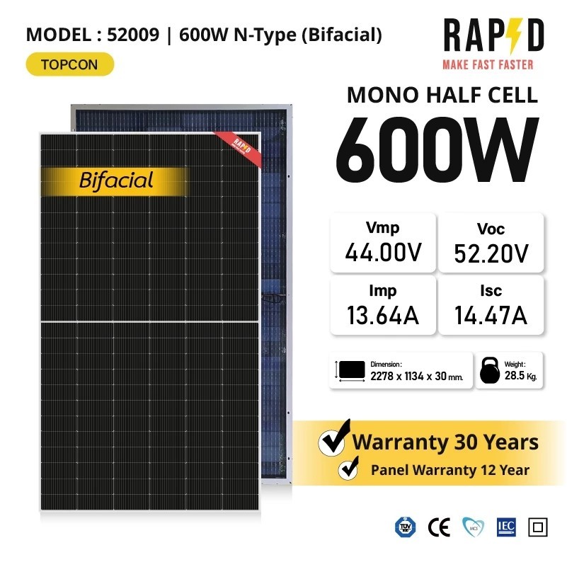 RAPD แผงโซล่าเซลล์ 600W Mono Half Cell (N-Type) รับประกันแผง 12 ปี