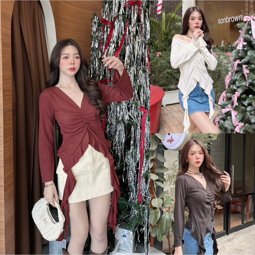 NICOLE TOP (สีพื้น) : เสื้อแขนยาว เสื้อรัดรูปแขนยาวแมงกระพรุน ปลายยาว สาวอวบใส่ได้ สีแดง คริสต์มาส ป้าย Sheeny.