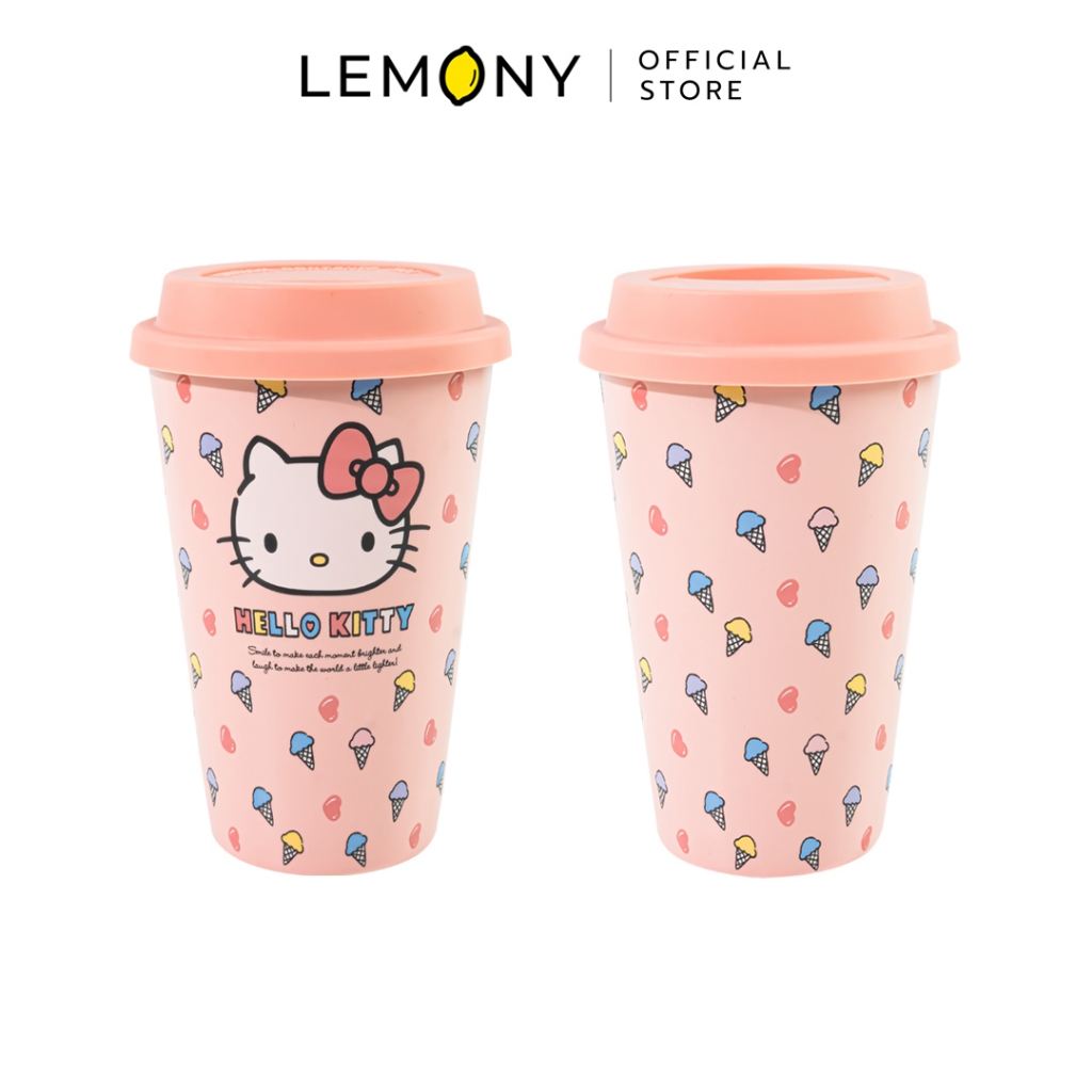 LEMONY Sanrio Hello Kitty Tall glass with silicone lid, 450 ml. แก้วทรงสูงพร้อมฝาปิดซิลิโคนขนาด 450 มล.