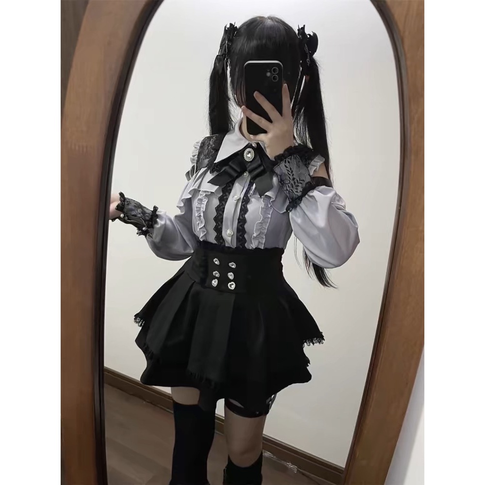 ชุดกระโปรงสั้นสีดำสไตล์ญี่ปุ่นสไตล์โกธิค Ruffles มินิกระโปรงเซ็กซี่ลูกไม้ปิดไหล่ Lolita เสื้อชุด Faldas Y2k ชุดสุนทรียศา