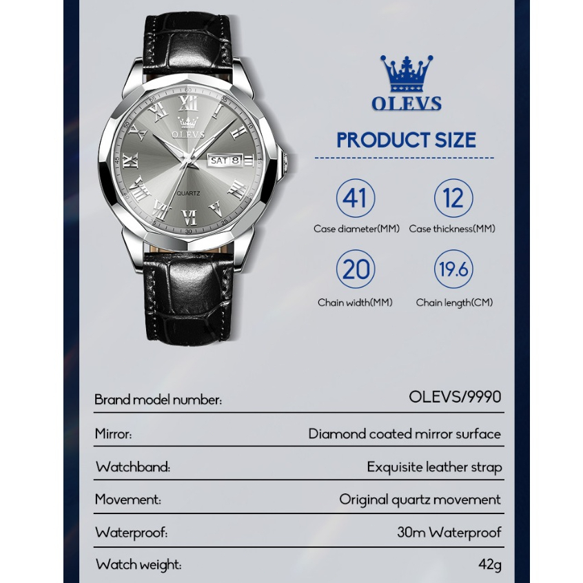 OLEVS นาฬิกาข้อมือผู้ช กันน้ำ 100% สายหนังสีดำ นาฬิกาข้อมือผู้ชาย ของแท้ ปฏิทิน และมีสไตล์ สไตล์ธุรกิจ นาฬิกาข้อมือ COD
