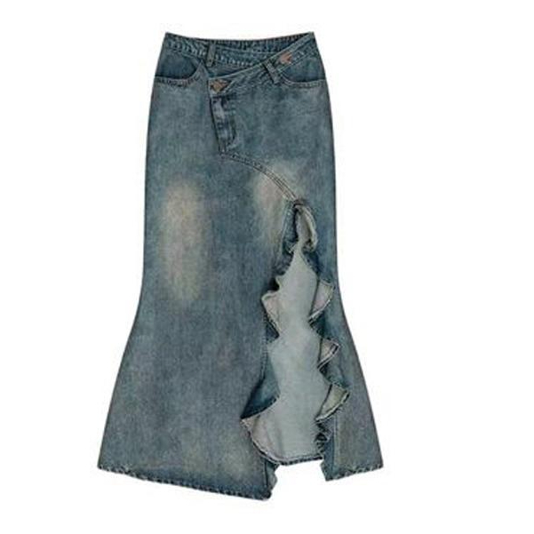 【fattiger8】2024ฤดูใบไม้ร่วงยอดนิยมDenimกระโปรงหญิงDesigner Ruffledกระเป๋าเอวสูงก้นยกFishtailกระโปรงยาว #1208