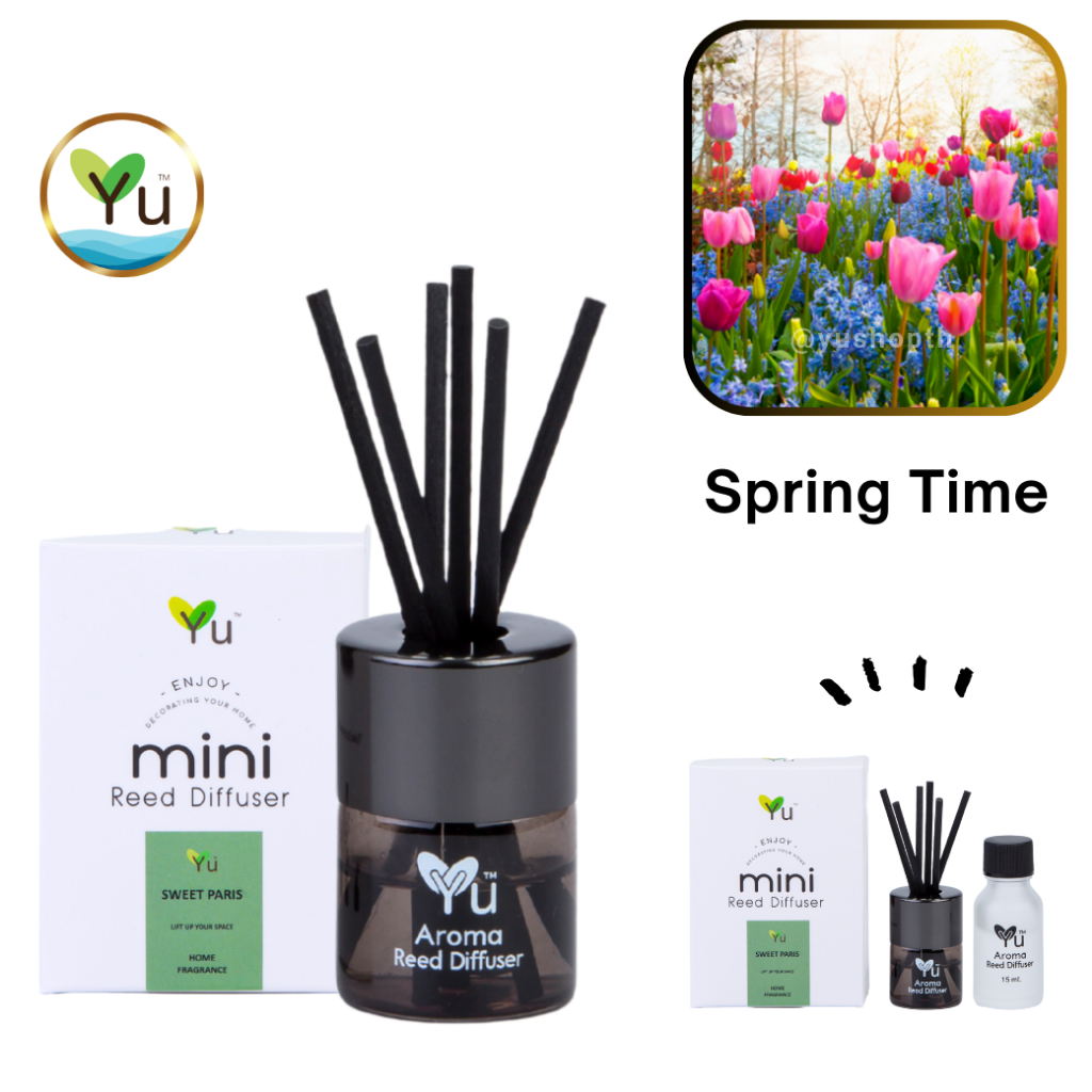 Mini Room Difuser 15 ml.  กลิ่น Spring Time (สปริง ไทม์) กลิ่นหอมเย็นลักชูรี่ กลิ่นสะอาดสดชื่น ก้านไม้หอม