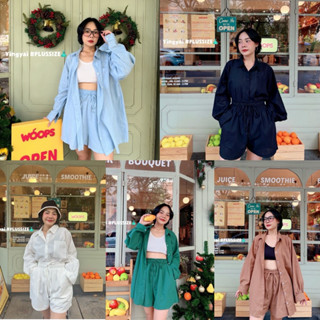 (YY) เซ็ต เสื้อเชิ้ตแขนยาว + กางเกงขาสั้นเอวสม็อค ลุคเบสิค ช…