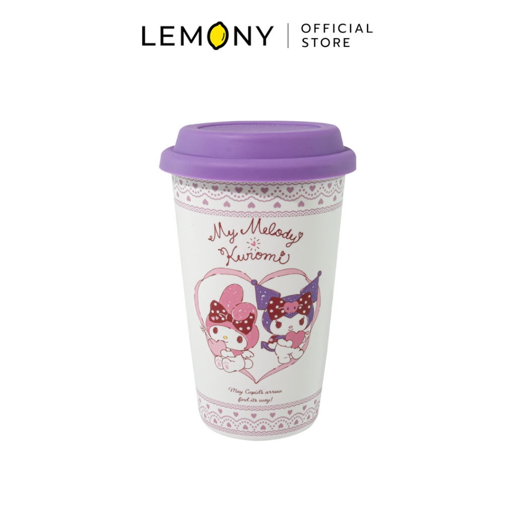 LEMONY Sanrio My Melody & Kuromi Tall glass with silicone lid, 450 ml แก้วทรงสูงพร้อมฝาปิดซิลิโคนขนาด 450 มล.