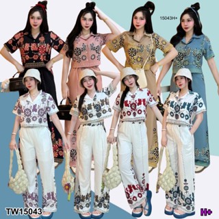 Set 2 ชิ้น เสื้อเชิ้ตครอปลายดอกไม้ + กางเกงขายาว TT15043 / T…