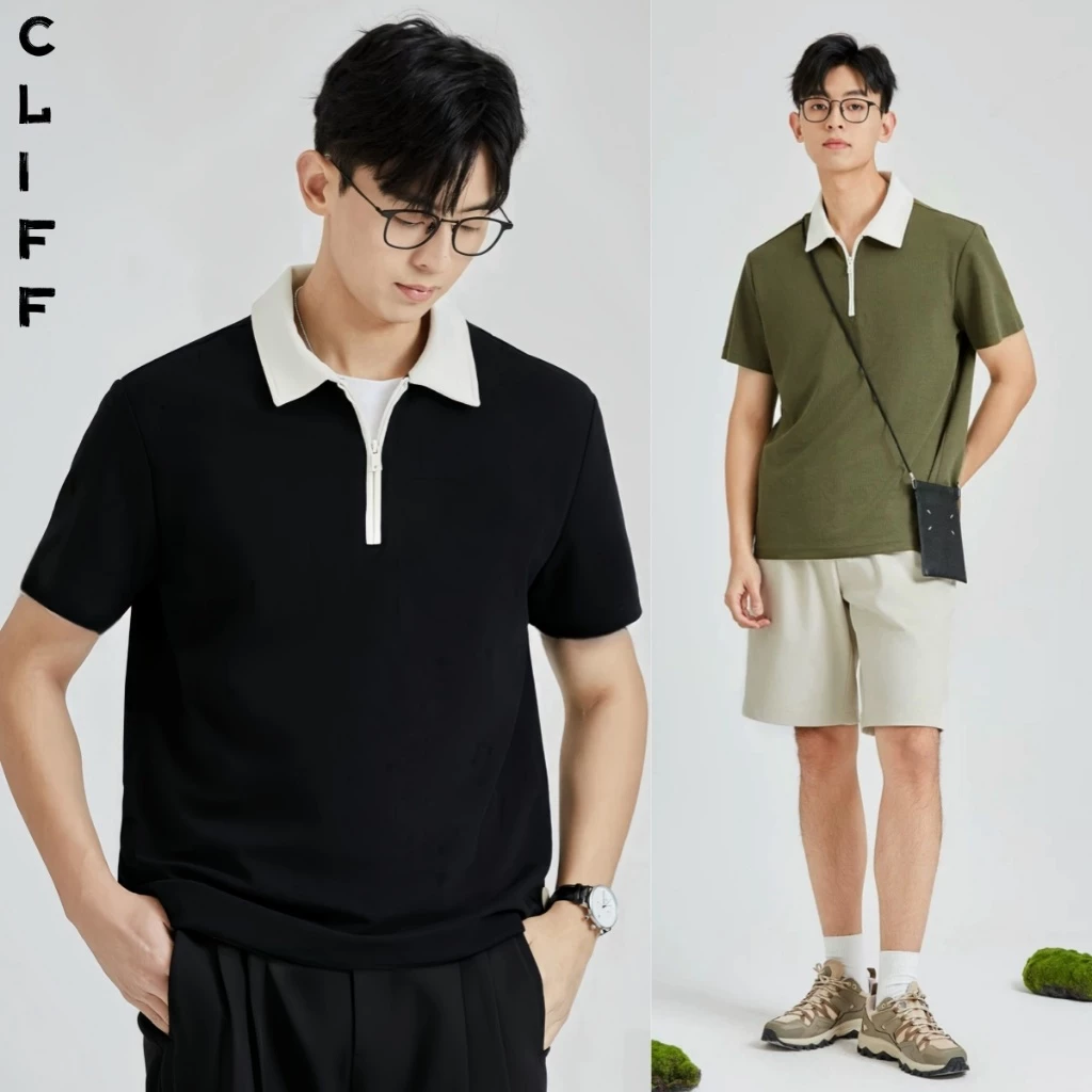 CLIFF เสื้อโปโลผู้ชาย แขนสั้นลำลอง สีผสม แบบหลวม แมทช์ลุคง่าย