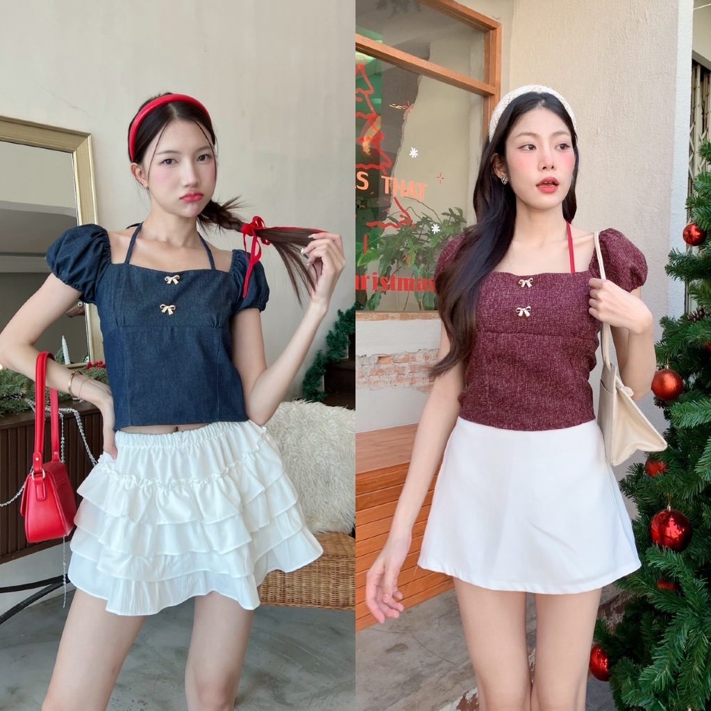 T12 เสื้อคล้องคอแขนตุ๊กตา แต่อะไหล่โบว์ทอง (สม็อคหลัง) พร้อมส่ง