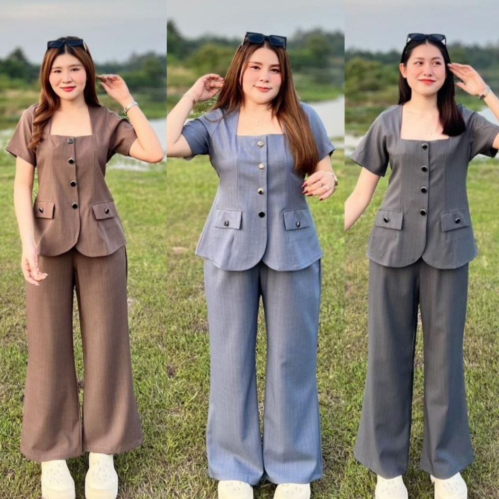 เซทสาวอวบ เซทใส่กินเลี้ยง หรูๆ ชุดเซททำงาน เซทออกงาน งานแต่ง ราชการ เซทลายทางคอเหลี่ยมดุมแววขายาว กางเกงขายาว (06008)
