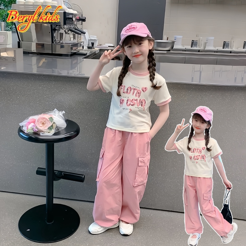 Beryl kids🌸ชุดเซ็ทฤดูร้อนสำหรับเด็กผู้หญิง🎀ชุดเด็กแขนสั้นสองชิ้น แฟชั่น สไตล์เกาหลี รุ่นใหม่ สีชมพู