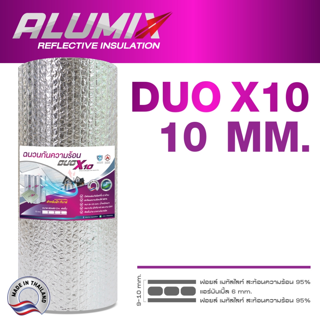 DUO X10 แบบม้วน 20เมตร (DUO-20) ฉนวนกันความร้อน ฟอยล์เมทัลไลท์สะท้อนความร้อน 2 ด้าน 90cm x 20mส่งฟรี