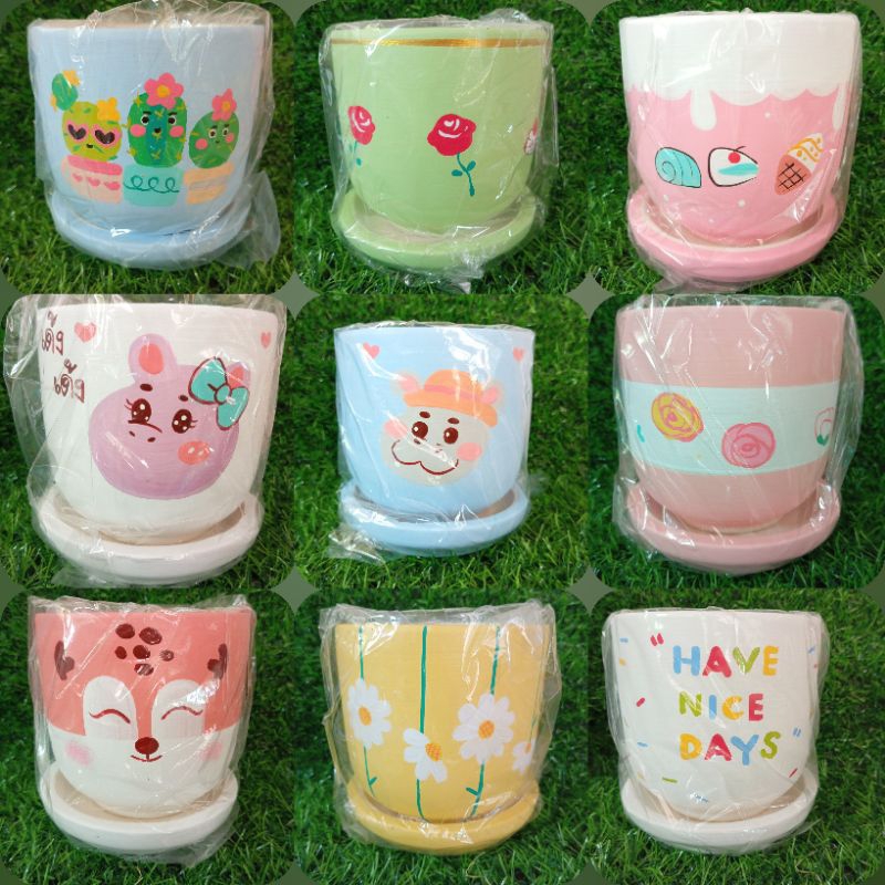 กระถางปลูก เซรามิกดินเผา 4 นิ้ว พร้อมจานรอง (สินค้าพร้อมส่งผลิตในไทย)