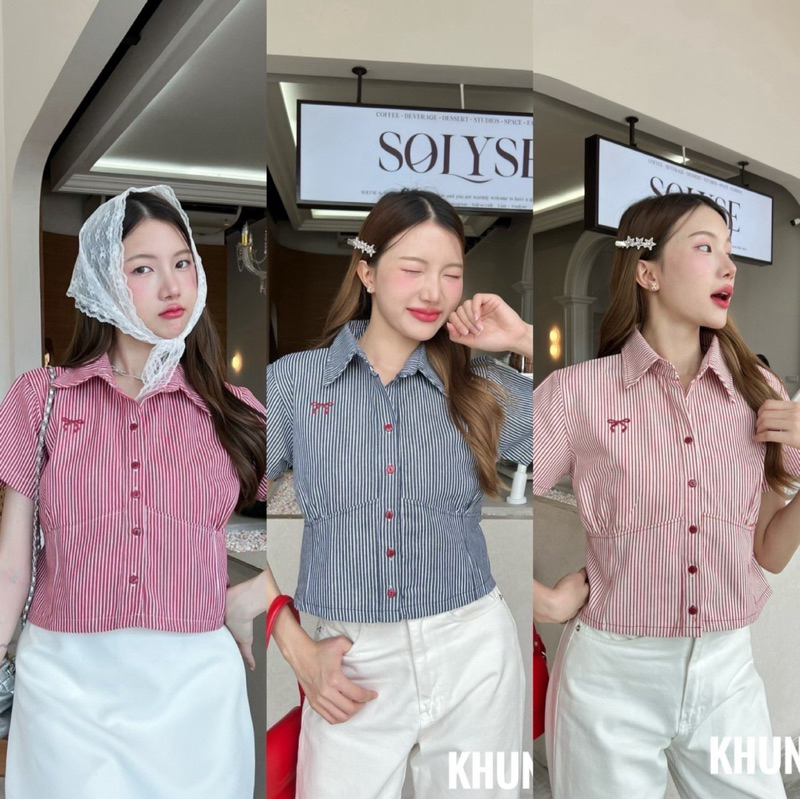 Hi.Baby - เสื้อครอปคอปกผ้ายีนส์ลายริ้ว ปักโบว์อก