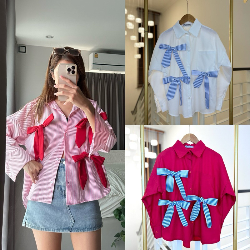Sunny เสื้อเชิ้ตแขนยาวแต่งโบว์ลายริ้ว ผ้าCotton เสื้อเชิ้ตผูกโบว์หน้า ทรงเก๋