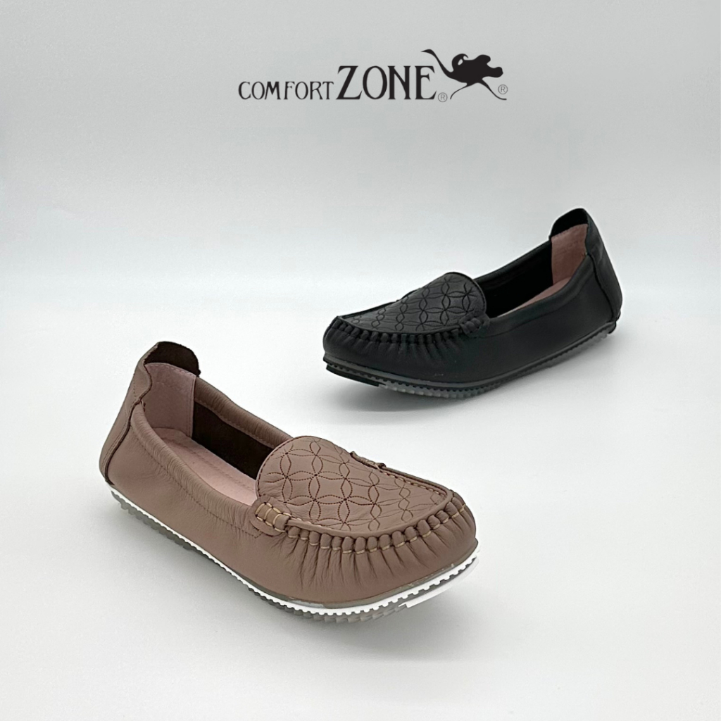 Comfort Zone Cow Leather, Flower Pattern Comfy Shoes, Taupe/Black, Size 36-41