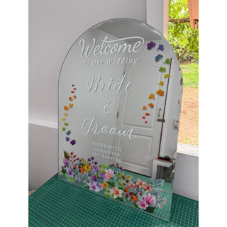 ป้ายหน้างานแต่งกระจกแท้ ข้อความตกแต่งสกรีน UV ภาพสี‼️☺️**