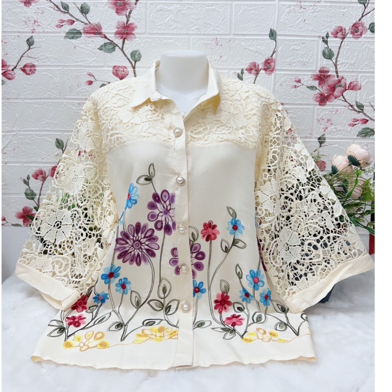 เสื้อลุกไม้ผ้าลินินคอปก เสื้อลูกไม้กระดุม เสื้อผ้าลินิน รอบอก38-42/44-46/48-52นิ้ว 2แบบมี3ไซส์