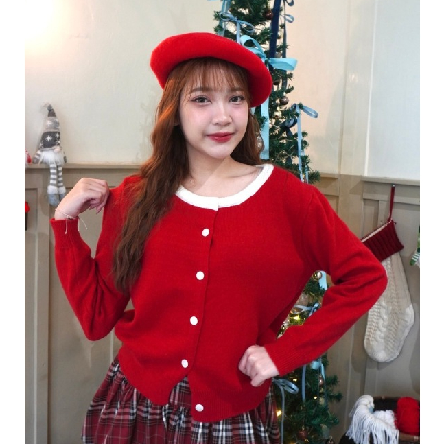 JARINYA เสื้อไหมพรมแขนยาวคอกลมแต่งขอบขาว ผ้าหนานุ่มใส่สบาย (T831)