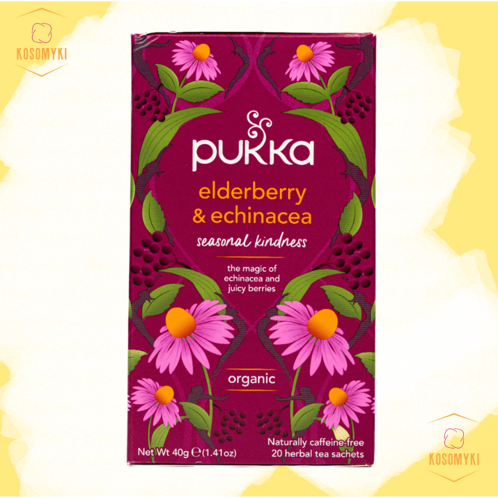 ชาอังกฤษ ชาสำเร็จรูป ชาสมุนไพรออแกนิค  Pukka Elderberry & Echinacea Tea Bags Caffeine Free -20 Count