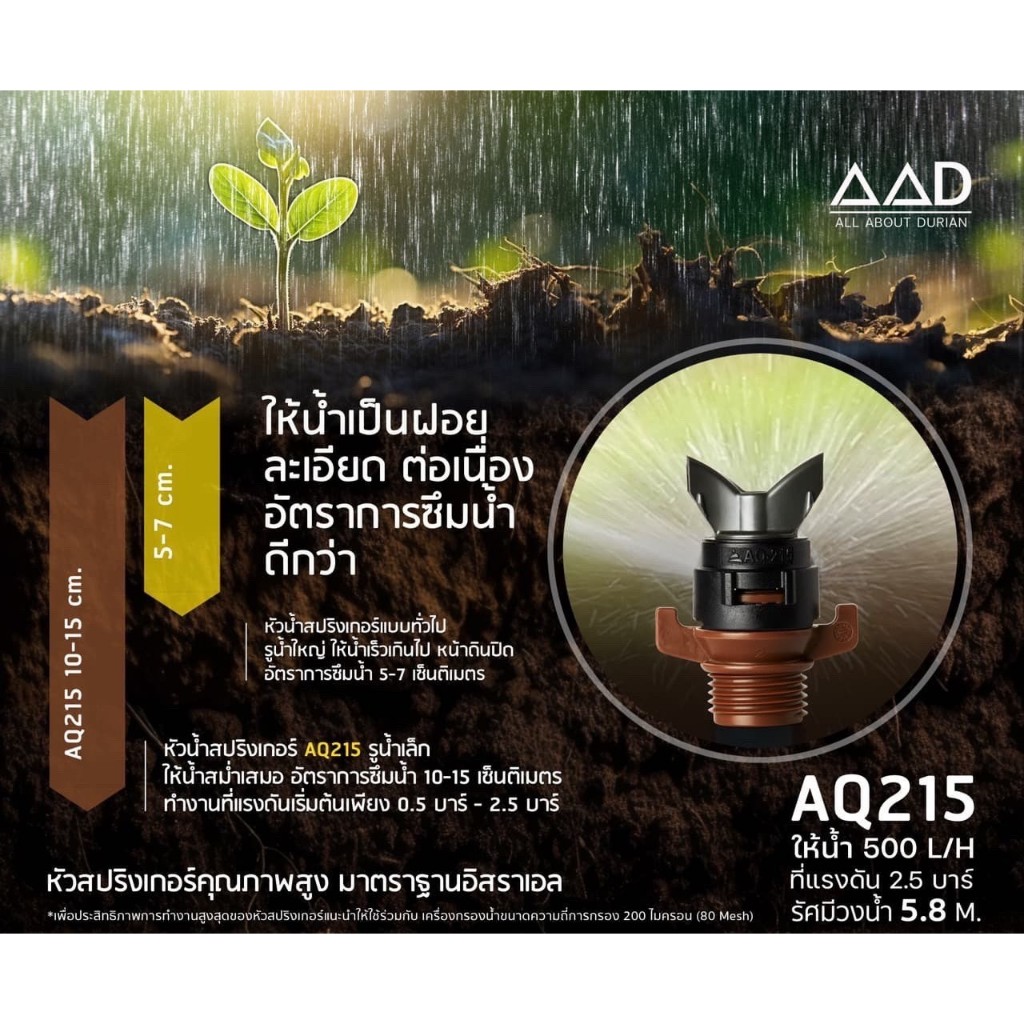 หัวสปริงเกอร์ รุ่น Aq 215 ขนาด 4 หนุ อัตราการจ่ายน้ำ 500 ลิตรต่อชั่วโมง รัศมีวงน้ำ 5.8 เมตร
