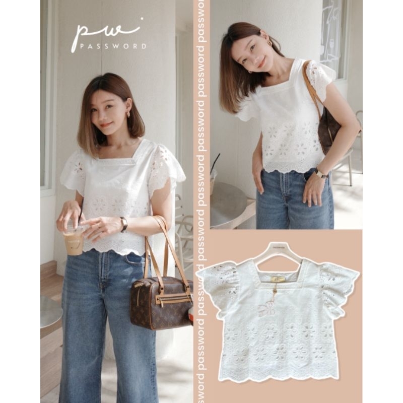 password#6141เสื้อคอตตอนปักฉลุลายดอกไม้ทั้งตัว