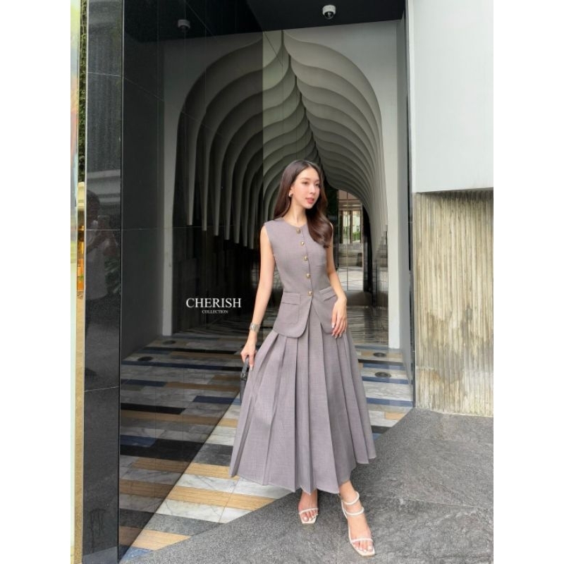 French Korea ชุดSetสูทกระโปรงจีบรอบ สีเทา ใส่ทำงานสวยหรู Cherish ชุดSet เสื้อสูทแขนกุด+กระโปรงเอวสูงจีบรอบสวยสง่า