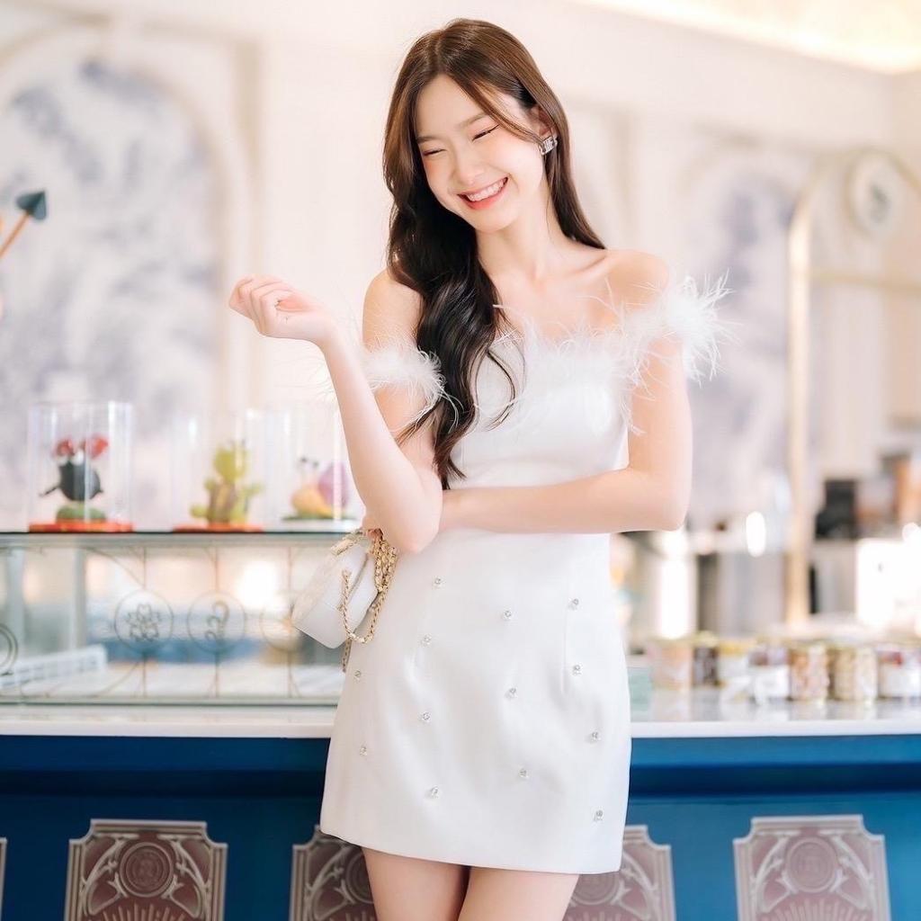 [NITTAYA] D2606 ชุดเดรสกระโปรงเกาะอกแต่งขกนกดีเทลแต่งเพชรสวยหรูผู้ดีลูกคุณใส่ออกงาน ดินเนอร์ ปาร์ตี้