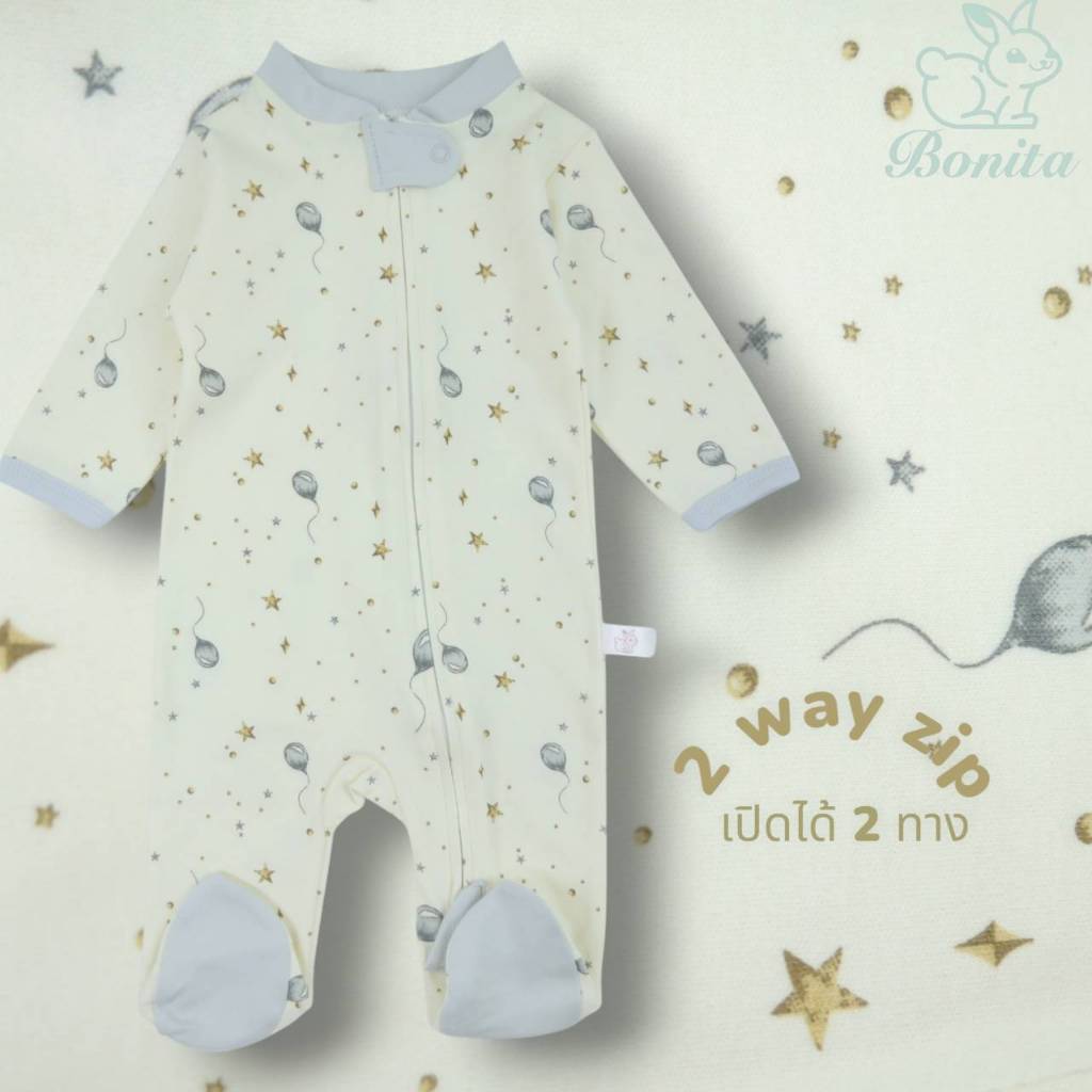 Bonita kids- ชุดหมี ชุดนอนเด็กคลุมเท้าผ้าพรีเมี่ยม /2 way zip ชุดนอนเด็กทารกผ้านิ่ม