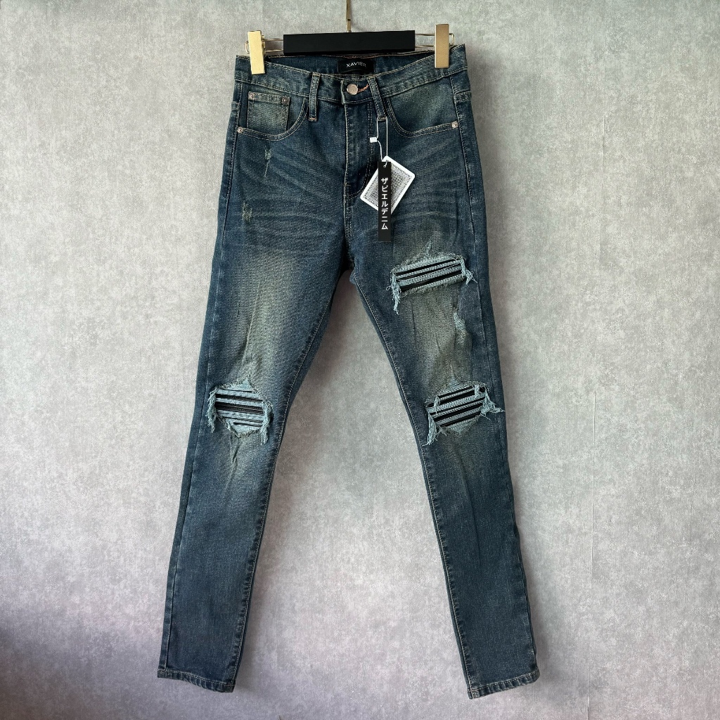 กางเกงยีนยืด Xavier mx2 indigo pat หนังย่นดำ