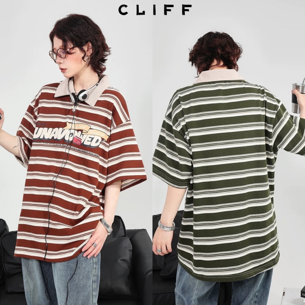 CLIFF สไตล์ญี่ปุ่น ลายทาง เสื้อโปโล แนววินเทจ แบบหลวม แขนสั้นฤดูร้อน ปกพับ