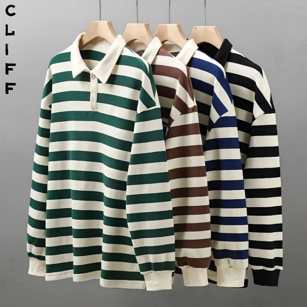 CLIFF ลายทาง เสื้อโปโล ปกพับ เสื้อสเวตเตอร์ แบบหลวม ฤดูใบไม้ผลิฤดูใบไม้ร่วง แขนยาว พร้อมส่ง ทรงเข้ารูปขั้นพื้นฐาน