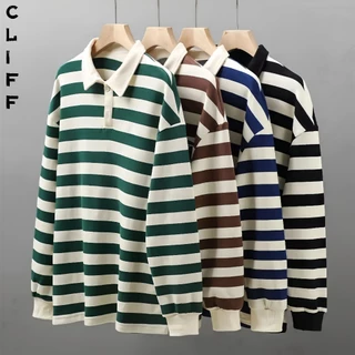 CLIFF ลายทาง เสื้อโปโล ปกพับ เสื้อสเวตเตอร์ แบบหลวม ฤดูใบไม้ผลิฤดูใบไม้ร่วง แขนยาว พร้อมส่ง ทรงเข้ารูปขั้นพื้นฐาน