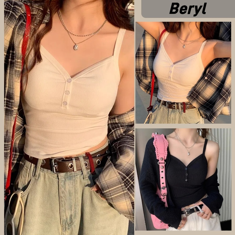 Beryl เสื้อสายเดี่ยวคอวีเซ็กซี่สำหรับผู้หญิงมีกระดุม เสื้อแขนสั้นสีขาวเก๋ไก๋
