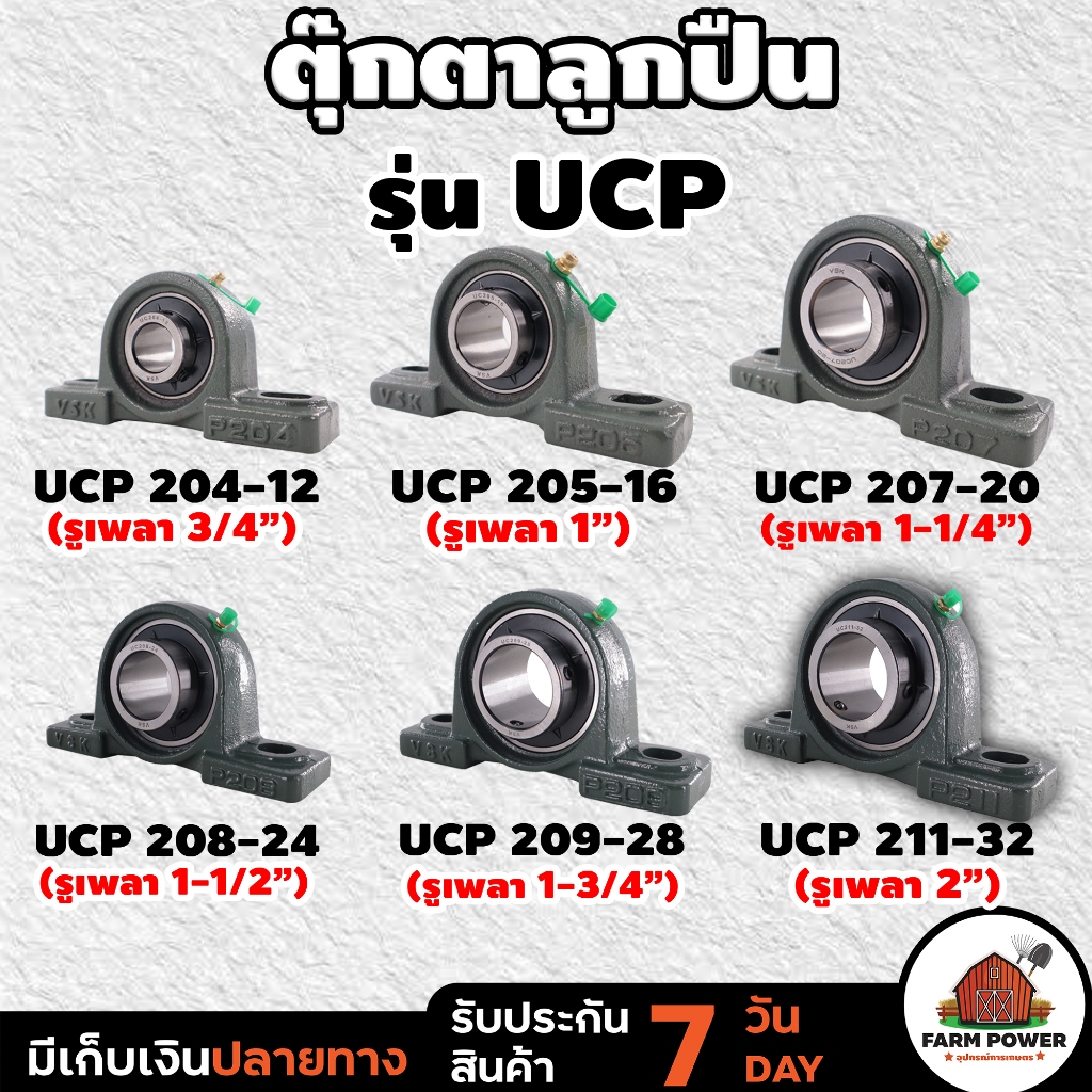 ตุ๊กตาลูกปืน แบริ่ง UCP 204-12, 205-16, 207-20, 208-24, 209-28, 211-32 (รูเพลา 3/4 – 2 นิ้ว)  ประกัน 7 วัน