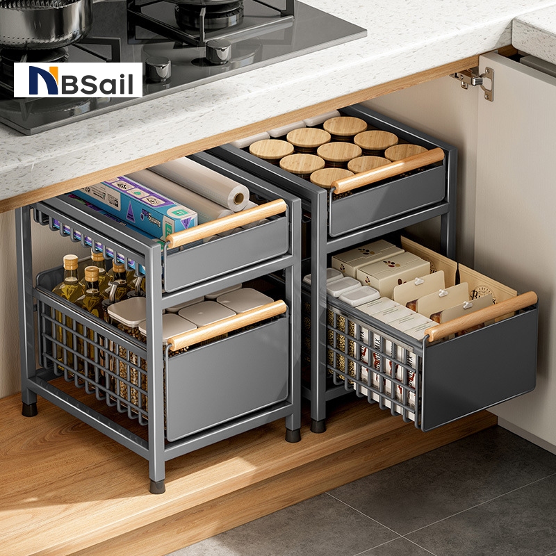 NBSai ชั้นวางของใต้อ่างล้างจาน 2ชั้น ชั้นวางเครื่องปรุงเครื่องเทศ พร้อมถาดรองน้ำ ไม่มีการติดตั้ง Pull Out Basket