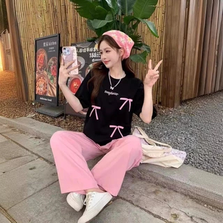 พร้อมส่ง 🎀 เสื้อยืด oversize เสื้อยืดแขนสั้นแฟชั่นผู้หญิง พิมพ์ลายโบว์ลำลองทรงหลวม สไตล์เกาหลี
