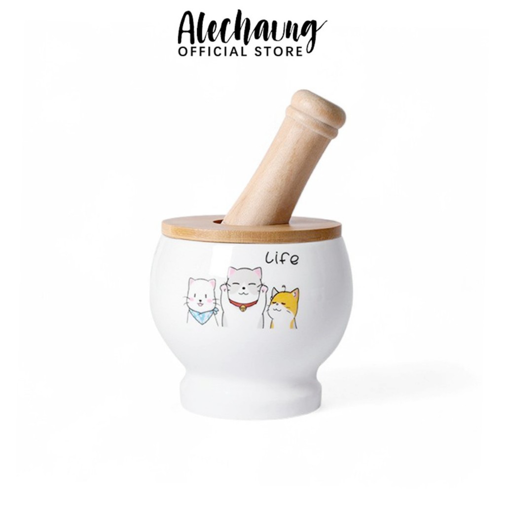 Alechaung ครกบดยา 4.5นิ้ว ครก ครกหิน ครกหินอ่างศิลาแท้ ครกหินทราย เซรามิก ขนาดใหญ่ความจุ 600ml ครกแตกเคลมได้