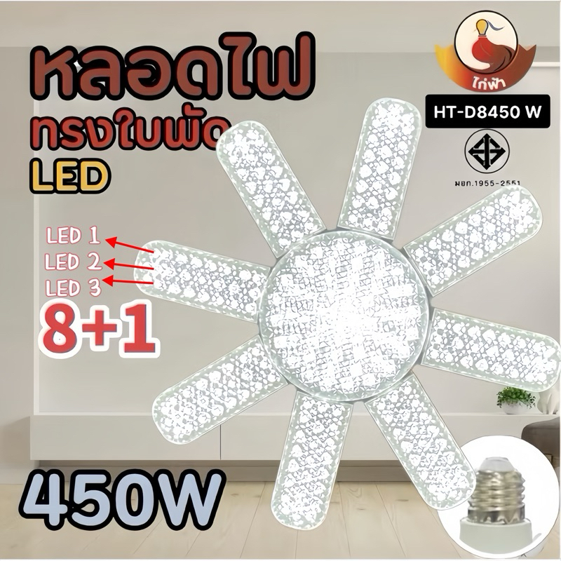 หลอดไฟ LED หลอดไฟไดมอนด์ 450W 8-6แฉก ทรงใบพัด ไฟร้านอาหาร  ไฟตลาดนัด E27ซุปเปอร์สว่าง ใช้งานสะดวก พับเก็บได้