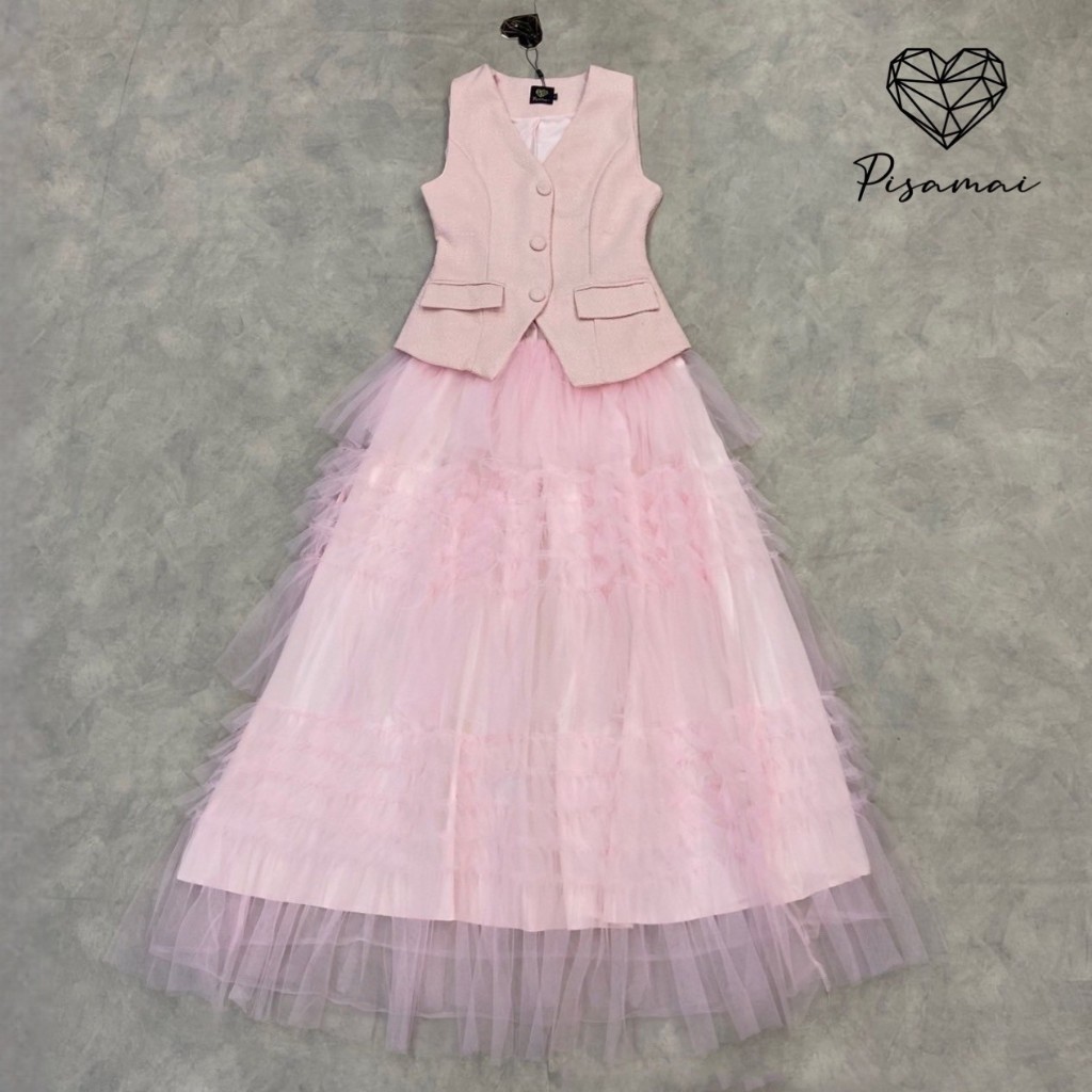 PISAMAI เซ็ตเสื้ตผ้าทวิตแขนกุดสีชมพูมาคู่กับกระโปรงเอวสูงสีชมพู(*สอบถามสต๊อกก่อนกดสั่งน๊า)