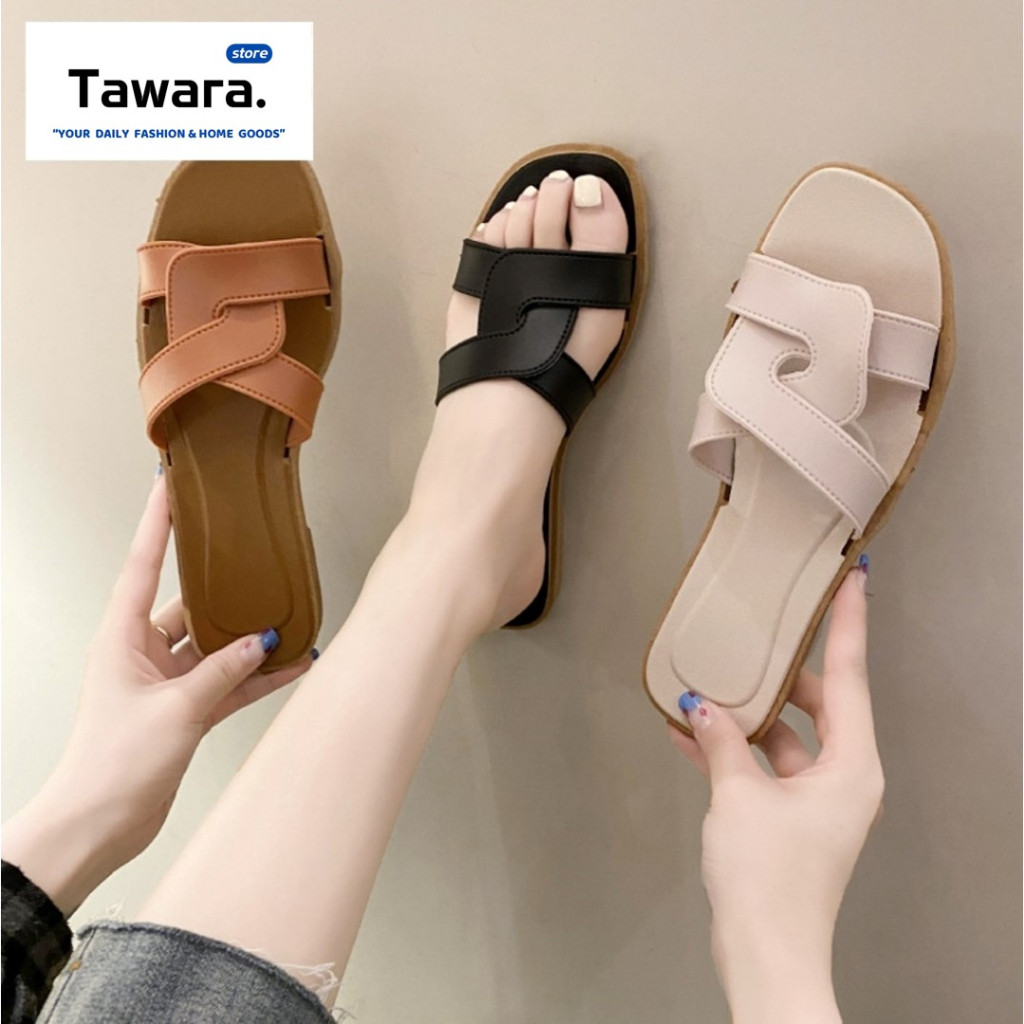 SE-103 รองเท้าแตะแฟชั่น รองเท้าแตะผู้หญิง แบบสวม เสริมส้นเล็กน้อย สีพื้น สวย สายคาดทรงไขว้ ดอกไม้ เรียบ หรู ใส่เที่ยวได้