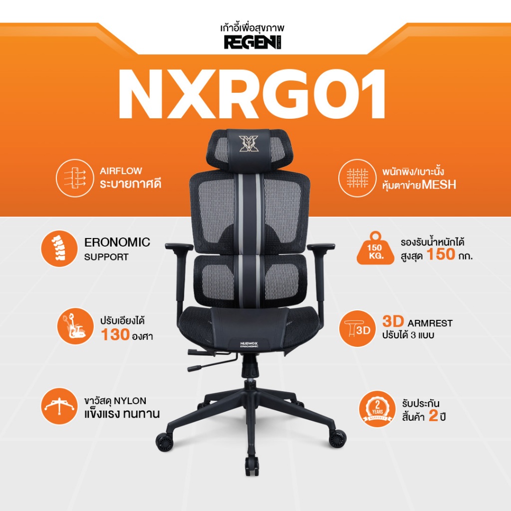 NUBWO REGEN เก้าอี้ทำงานเพื่อสุขภาพ ออกแบบรองรับสรีระ ปรับเอนได้ นั่งสบาย ไม่เมื่อย ผลิตจากวัสดุตาข่าย Air-Flow NXRG01