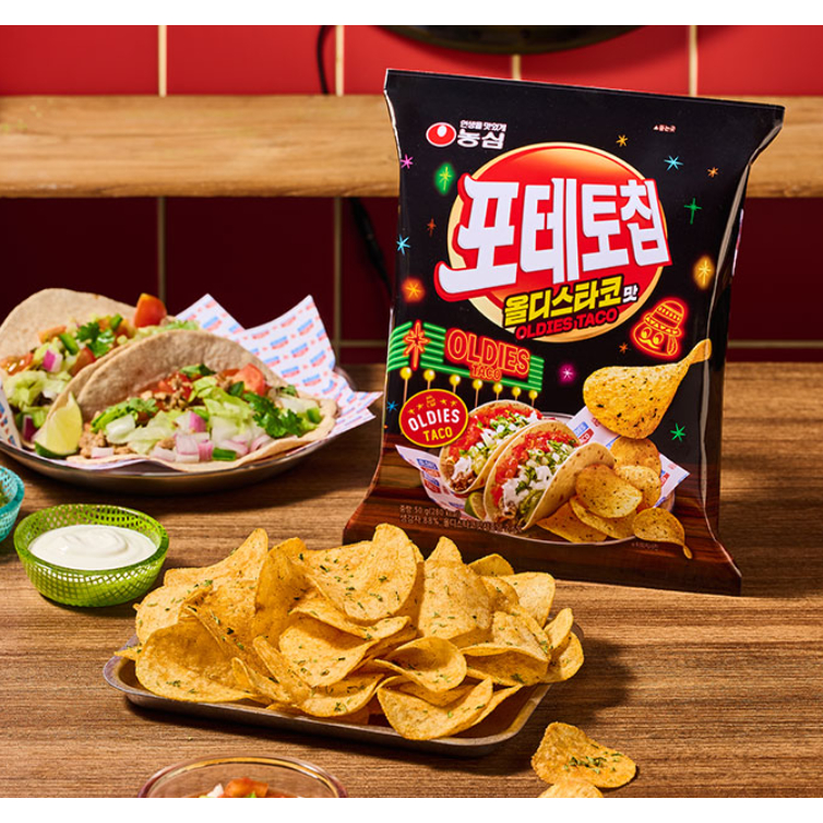 ใหม่! นงชิม โพเตโต้ชิพ มันฝรั่งแผ่นอบกรอบ โอลดิส ทาโก้ NONGSHIM POTATO CHIPS OLDIES TACO 농심 포테토칩 올디스 타코맛