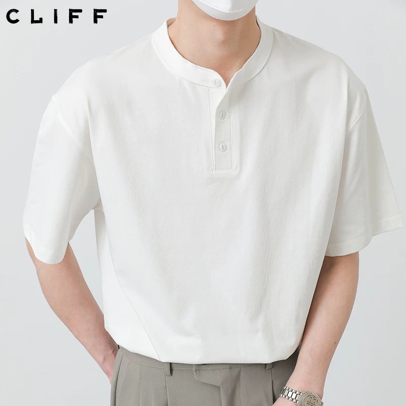 CLIFF ด้านบนฤดูร้อน รุ่นเกาหลี เสื้อแขนสั้นคอตั้ง เสื้อยืดผู้ชาย เสื้อยืดผู้ชาย ตั้งแถว ไบนารี